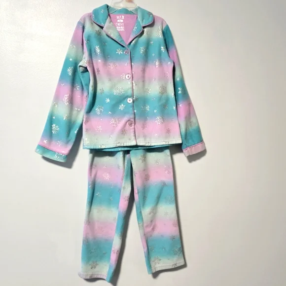 Max & Olivia Girl's Size 6 Multicolored Foil Snowflake-Patterned Fleece Pajamas - Picture 1 of 9